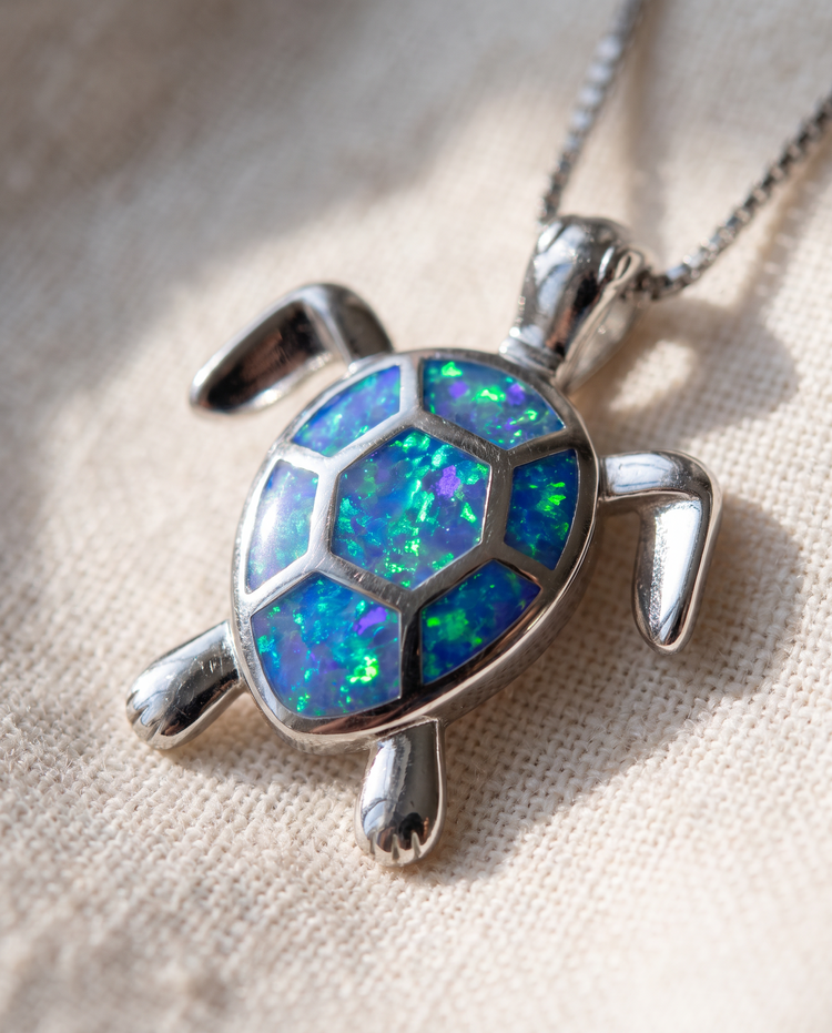 Close-up of the blue opal shell and silver detail