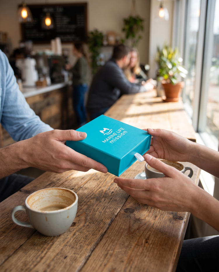 Gifting a Marine Life Mission box across a cafe table