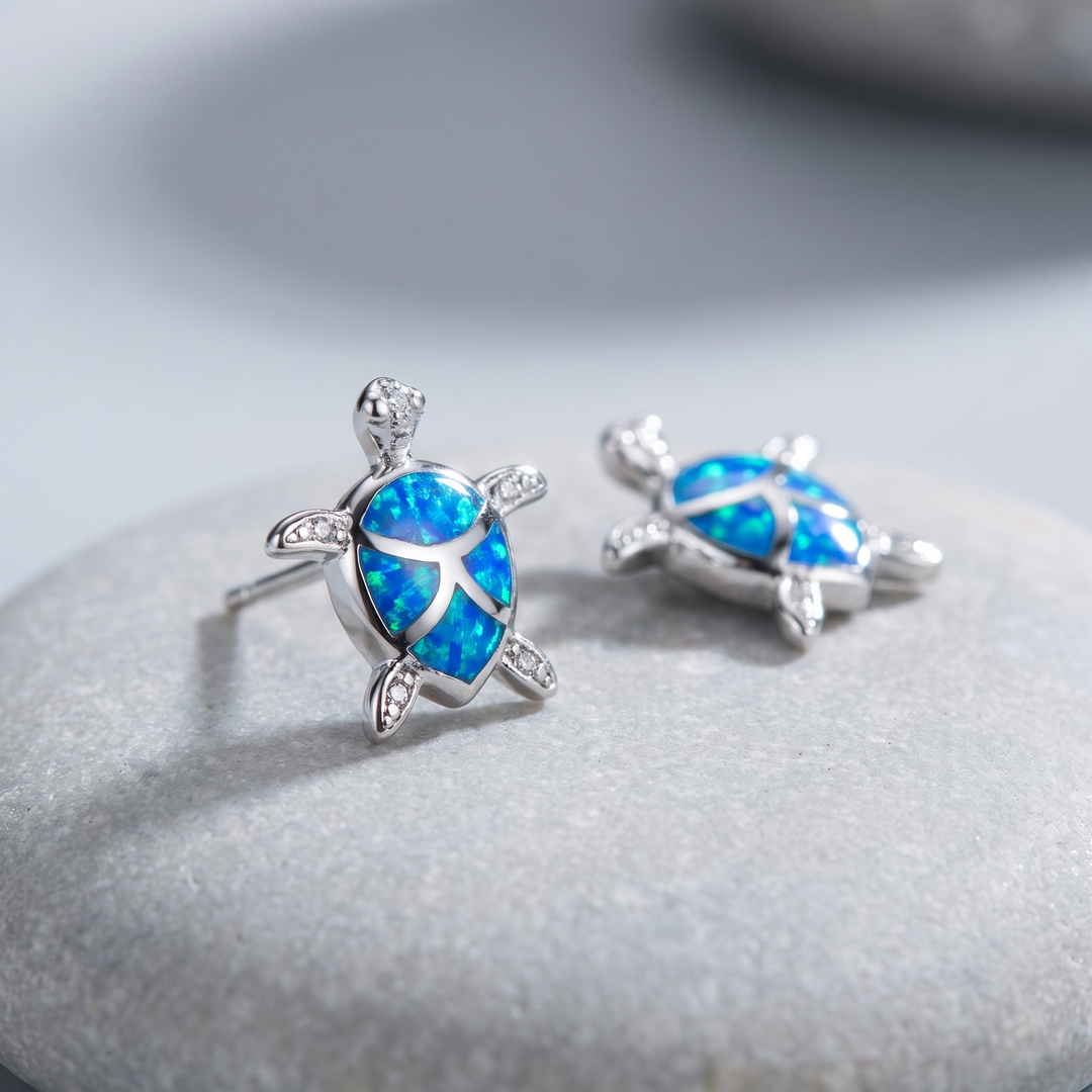 Babies Earrings: blue opal baby sea turtle studs, included free