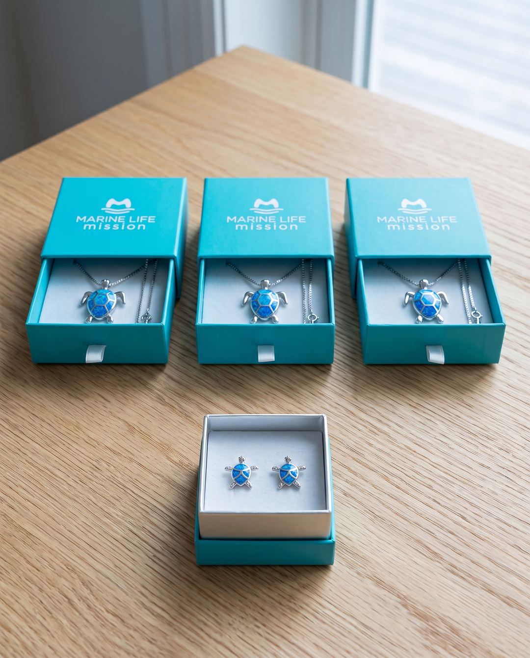 Family Adoption: three Sea Turtle necklaces and the Babies Earrings in gift boxes